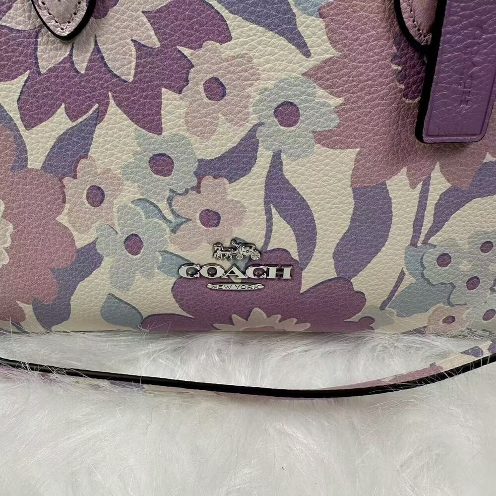 COACH Maggie Small Tote Bag Crossbody Floral Print In Leather Ivory/Purple CBM08 - Picture 10 of 11